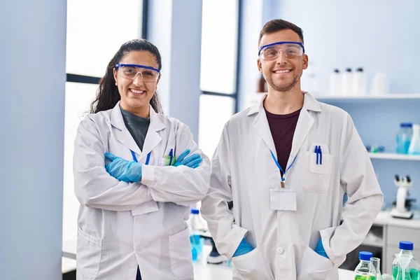 Man Woman Wearing Scientist Uniform Standing Arms Crossed Gesture Laboratory — Fotografia de Stock