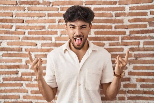Arab Man Beard Standing Bricks Wall Background Shouting Crazy Expression — Foto Stock
