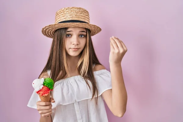 Adolescente Tenant Crème Glacée Faisant Geste Italien Avec Main Les — Photo