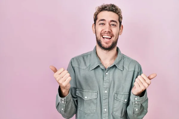 Hispanic Man Beard Standing Pink Background Success Sign Doing Positive — Stockfoto