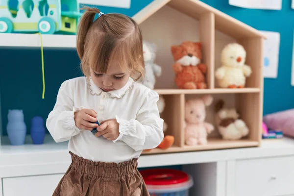 Adorable Blonde Girl Holding Toy Standing Kindergarten — Stock Photo, Image