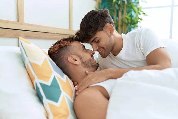 Two Hispanic Men Couple Hugging Each Other Lying Bed Bedroom — Stockfoto