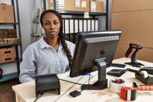 African Woman Working Small Business Ecommerce Skeptic Nervous Frowning Upset — Stock fotografie
