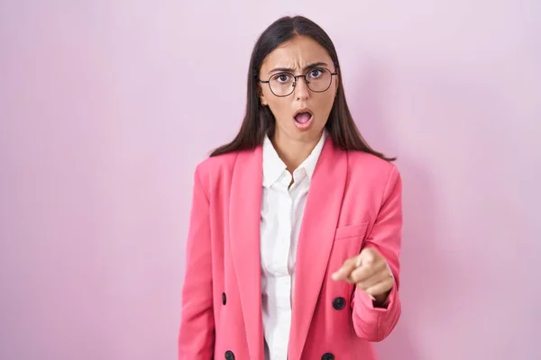 Young Hispanic Woman Wearing Business Clothes Glasses Pointing Displeased Frustrated — Photo