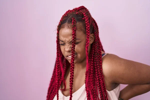 African American Woman Braided Hair Standing Pink Background Suffering Backache — Zdjęcie stockowe