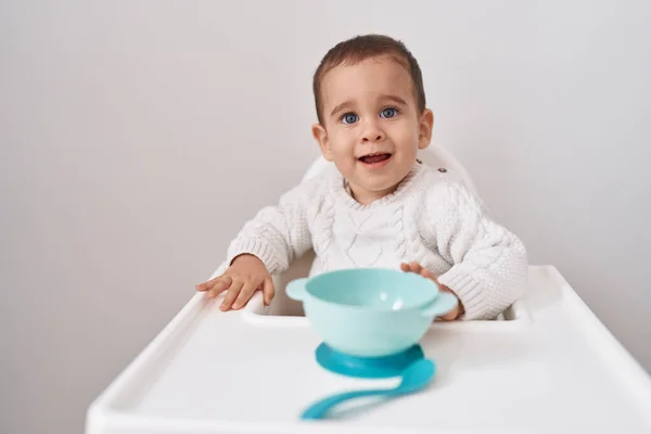 Adorable Hispanic Toddler Smiling Confident Sitting Highchair Isolated White Background — Stock Photo, Image