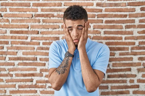 Brazilian Young Man Standing Brick Wall Tired Hands Covering Face — Stock Photo, Image