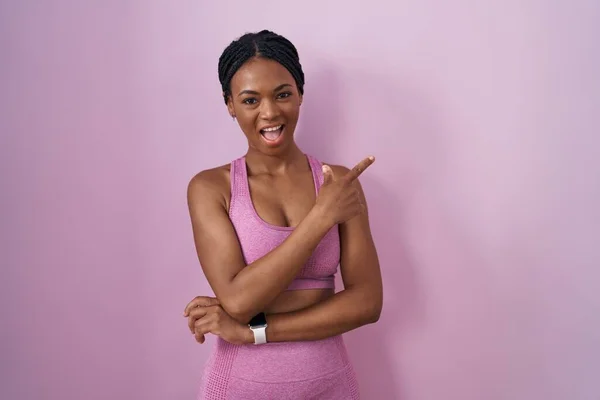 African American Woman Braids Wearing Sportswear Pink Background Big Smile — Foto de Stock