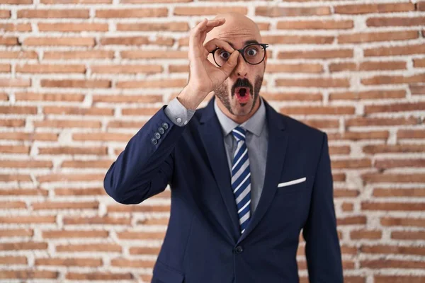 Bald Man Beard Wearing Business Clothes Glasses Doing Gesture Shocked — Stock Photo, Image