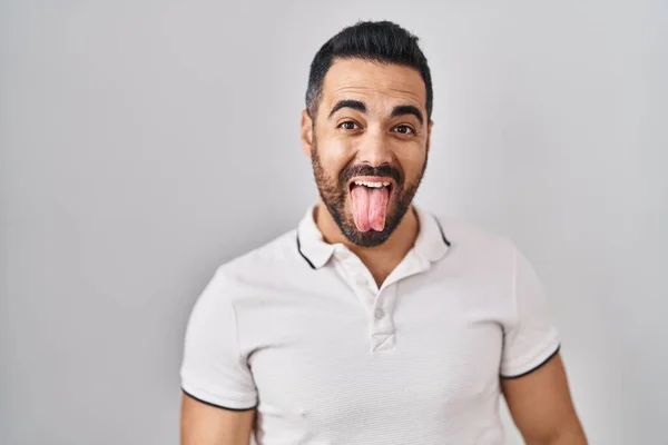 Young Hispanic Man Beard Wearing Casual Clothes White Background Sticking — Photo