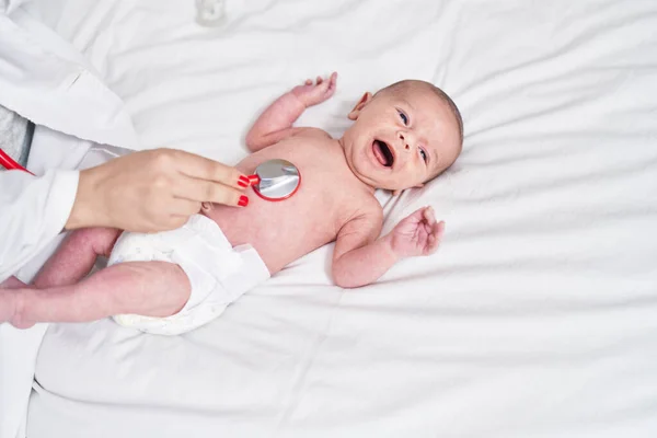 Adorable Caucasian Baby Having Heart Examination Stethoscope Crying Bedroom — Stock Photo, Image