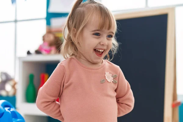 Adorable Blonde Girl Smiling Confident Standing Kindergarten — Stock Photo, Image