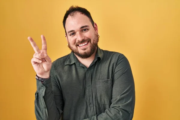 Size Hispanic Man Beard Standing Yellow Background Smiling Happy Face — Stockfoto