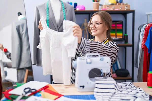 Young Blonde Woman Tailor Smiling Confident Holding Shirt Tailor Shop — Stockfoto