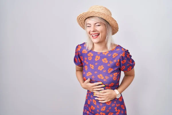 Young Caucasian Woman Wearing Flowers Dress Summer Hat Smiling Laughing — Stock Photo, Image