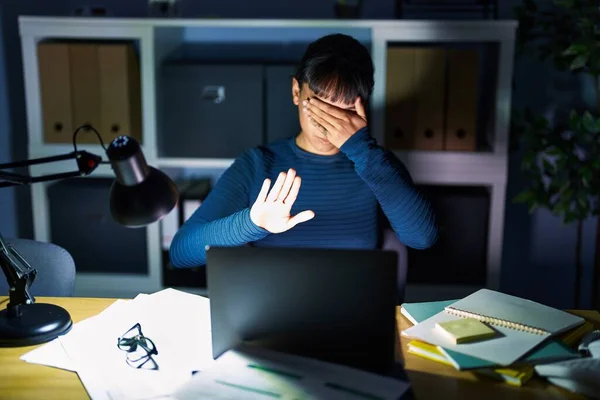 Young Beautiful Woman Working Office Night Covering Eyes Hands Doing — Foto Stock