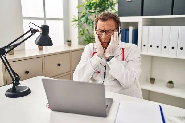 Senior Doctor Man Working Online Appointment Tired Hands Covering Face — Stock Photo, Image