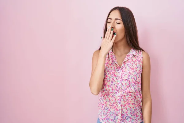Young Hispanic Woman Long Hair Standing Pink Background Bored Yawning — 스톡 사진