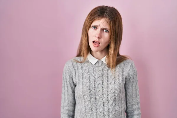 Beautiful Woman Standing Pink Background Shock Face Looking Skeptical Sarcastic — Stockfoto