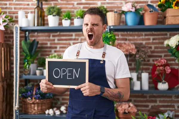 Young Hispanic Man Working Florist Holding Open Sign Angry Mad — Foto Stock