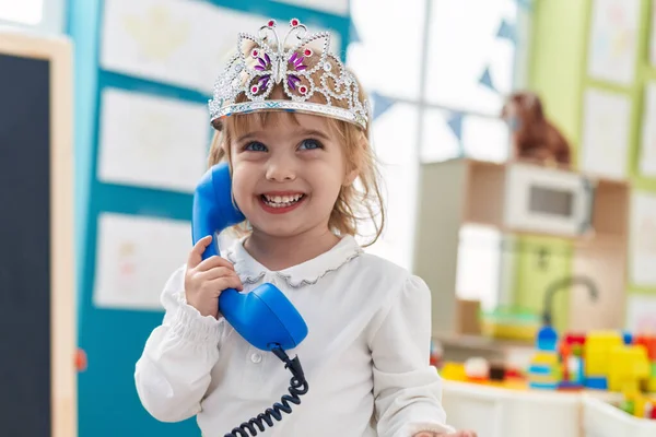 Adorable Blonde Girl Wearing Princess Crown Playing Telephone Toy Kindergarten — Stock Photo, Image