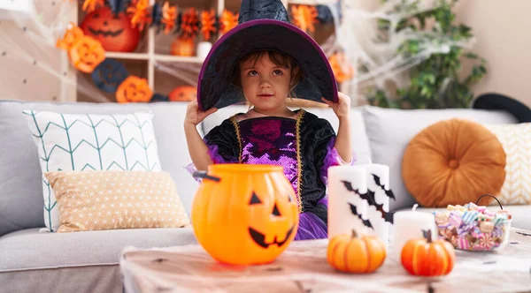 Adorable Hispanic Girl Smiling Confident Wearing Halloween Costume Home — Stockfoto