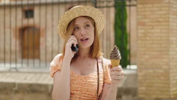 Young Redhead Woman Tourist Talking Smartphone Eating Ice Cream Street — Vídeos de Stock