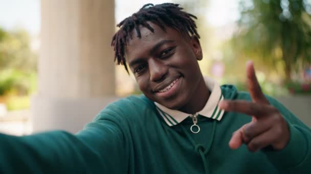 African American Man Smiling Confident Making Selfies Camera Street — Stockvideo
