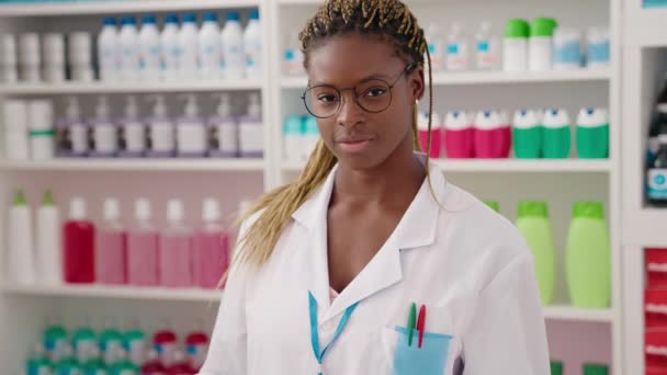 Portrait Young Female Chemist Standing Lab Coat Bottle Water — Stockvideo