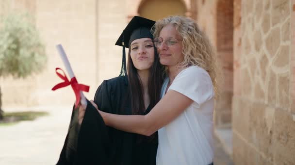 Two Women Mother Graduated Daughter Hugging Each Other Campus University — Wideo stockowe