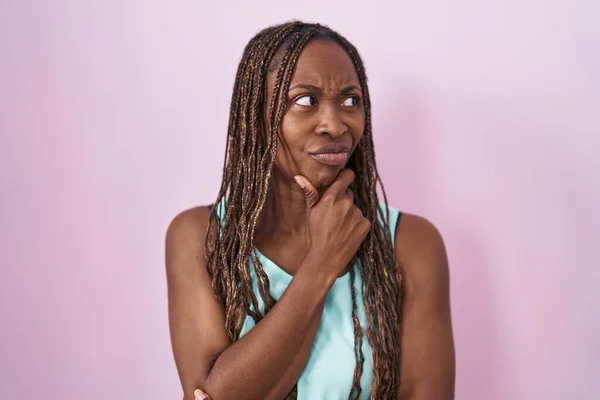 African American Woman Standing Pink Background Thinking Worried Question Concerned — Stockfoto