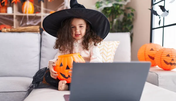 Adorable Hispanic Girl Wearing Halloween Costume Using Laptop Home — Stock Photo, Image