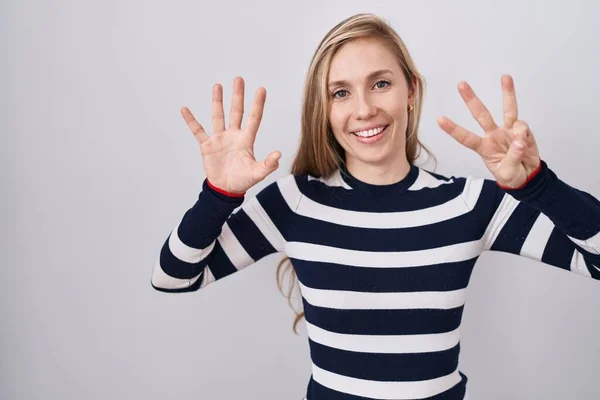 Young Caucasian Woman Wearing Casual Navy Sweater Showing Pointing Fingers — 图库照片