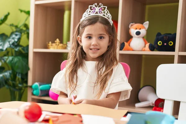 Adorable Blonde Girl Student Wearing Princess Crown Cutting Paper Kindergarten — Stock Photo, Image