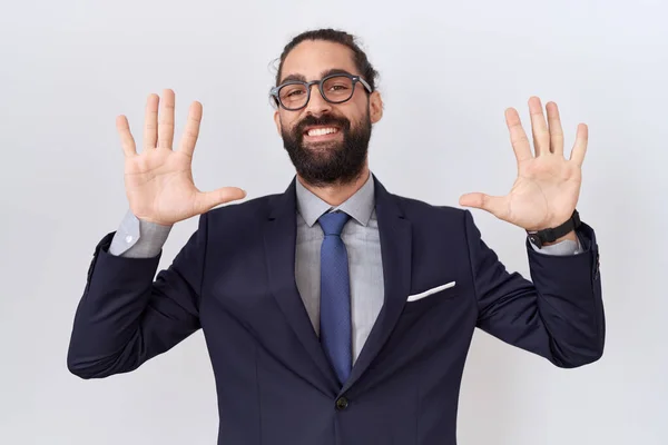 Hispanic Man Beard Wearing Suit Tie Showing Pointing Fingers Number — Stock Photo, Image