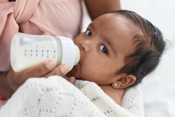 African American Baby Sucking Feeding Bottle Bedroom — ストック写真