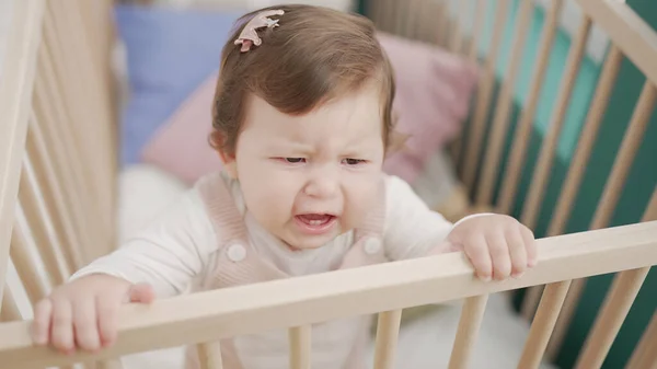 Adorable Toddler Standing Cradle Crying Bedroom — Zdjęcie stockowe