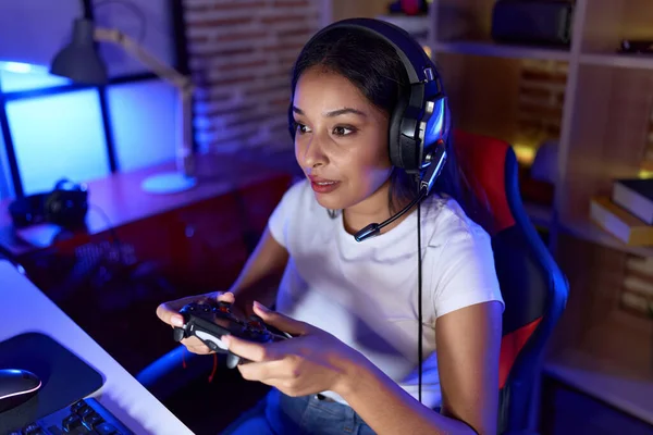Young Arab Woman Streamer Playing Video Game Using Joystick Gaming — Foto de Stock