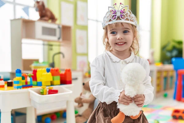 Adorable Blonde Girl Wearing Princess Crown Holding Duck Toy Kindergarten — Stock Photo, Image
