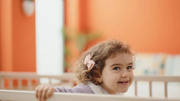 Adorable Hispanic Girl Smiling Confident Standing Cradle Bedroom — Foto Stock