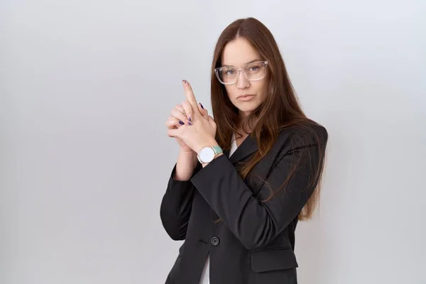 Beautiful Brunette Woman Wearing Business Jacket Glasses Holding Symbolic Gun — 图库照片