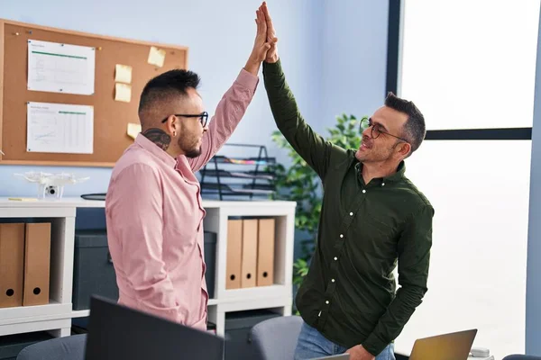 Two Men Business Workers Celebrate High Five Hands Raised Office — Stock Photo, Image