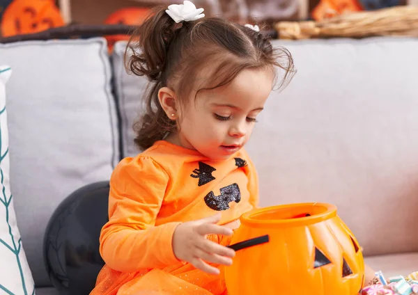 Adorable Hispanic Toddler Having Halloween Party Sitting Sofa Home —  Fotos de Stock