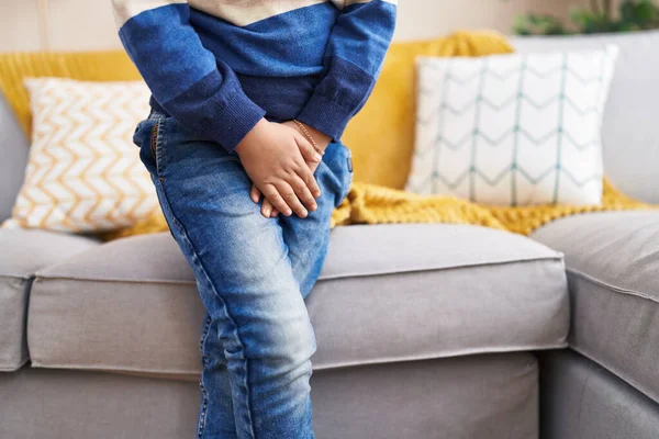 Adorable Hispanic Boy Covering His Genitals Hands Home — Stock Photo, Image