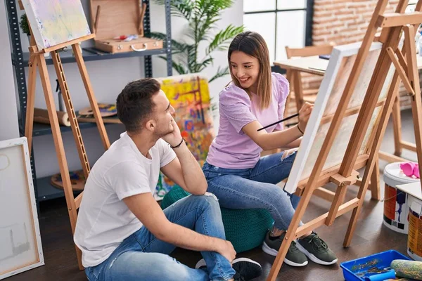 Man Woman Artists Couple Smiling Confident Drawing Art Studio — Fotografia de Stock