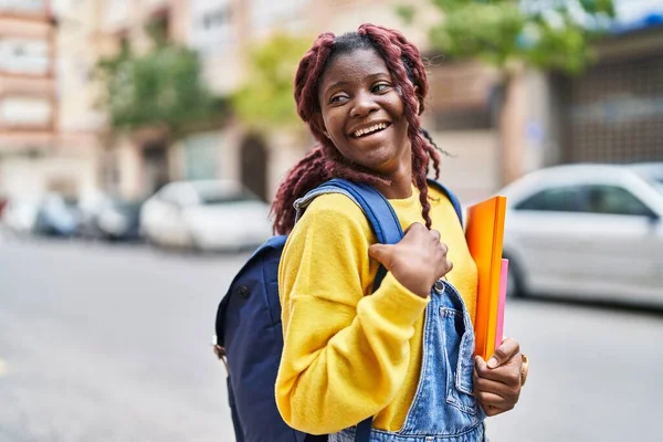 African American Woman Student Smiling Confident Holding Books Street — Stok fotoğraf