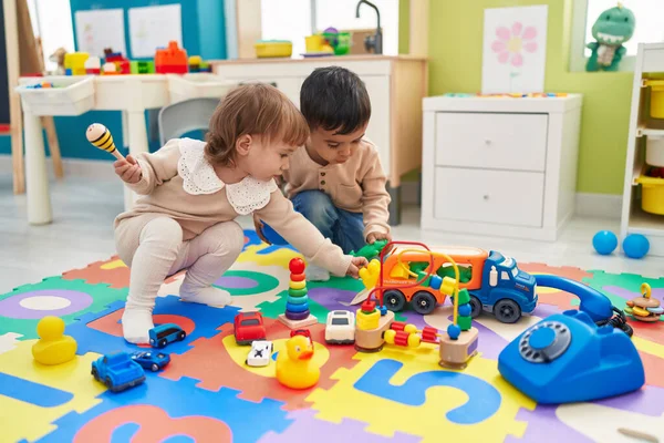 Two Kids Playing Cars Toy Sitting Floor Kindergarten — 스톡 사진