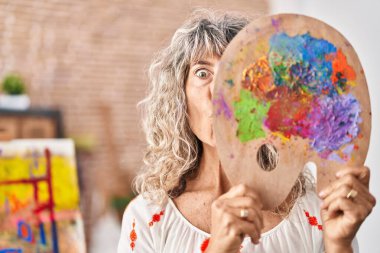 Middle age woman holding painter palette covering face making fish face with mouth and squinting eyes, crazy and comical. 