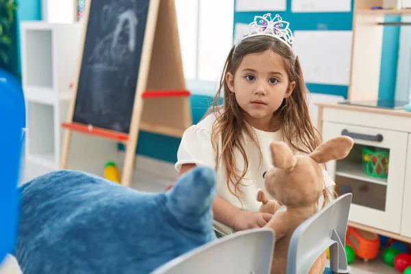 Adorable Blonde Girl Wearing Princess Crown Playing Rabbit Doll Kindergarten — Stock Photo, Image