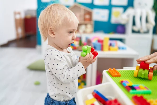Adorable Blond Toddler Playing Construction Blocks Standing Kindergarten — Stock Photo, Image